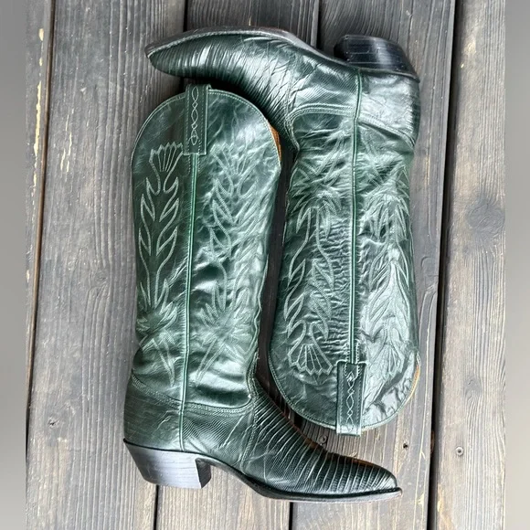 Vintage J.Chisholm for Thieves Market Green Exotic Leather Women's Cowboy Boots - Picture 6 of 10